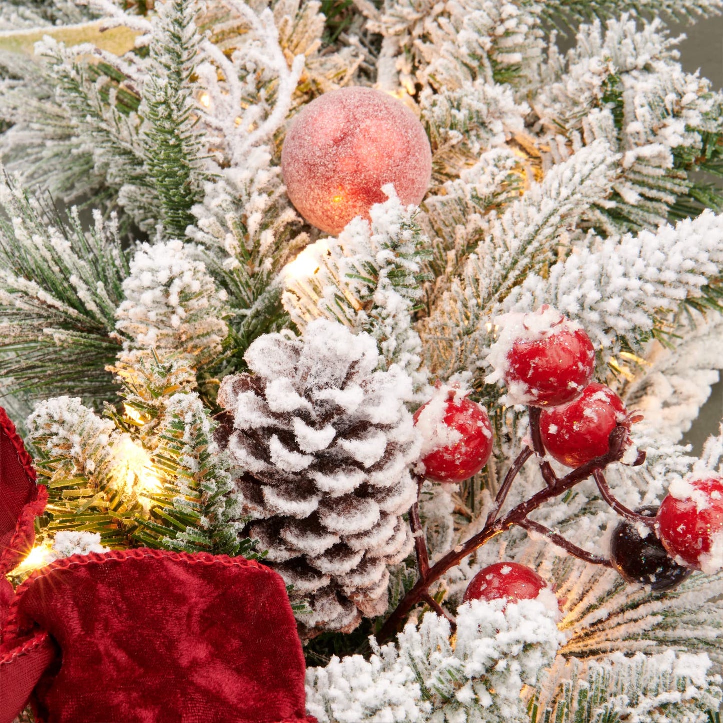 AMERZEST 9FT Pre-lit Flocked Snow Christmas Garland, Berries and Bows and 50 Lights, Plug in, Holiday Decoration Fireplace Stairs Mantle Door Indoor Outdoor