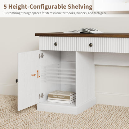Garvee 60" Office Desk with Storage Cabinet & Drawers. Fluted Wood Computer Desk with Power Outlet & Adjustable Shelves.Modern Executive Desk for Home Office/Bedroom/Gaming-White