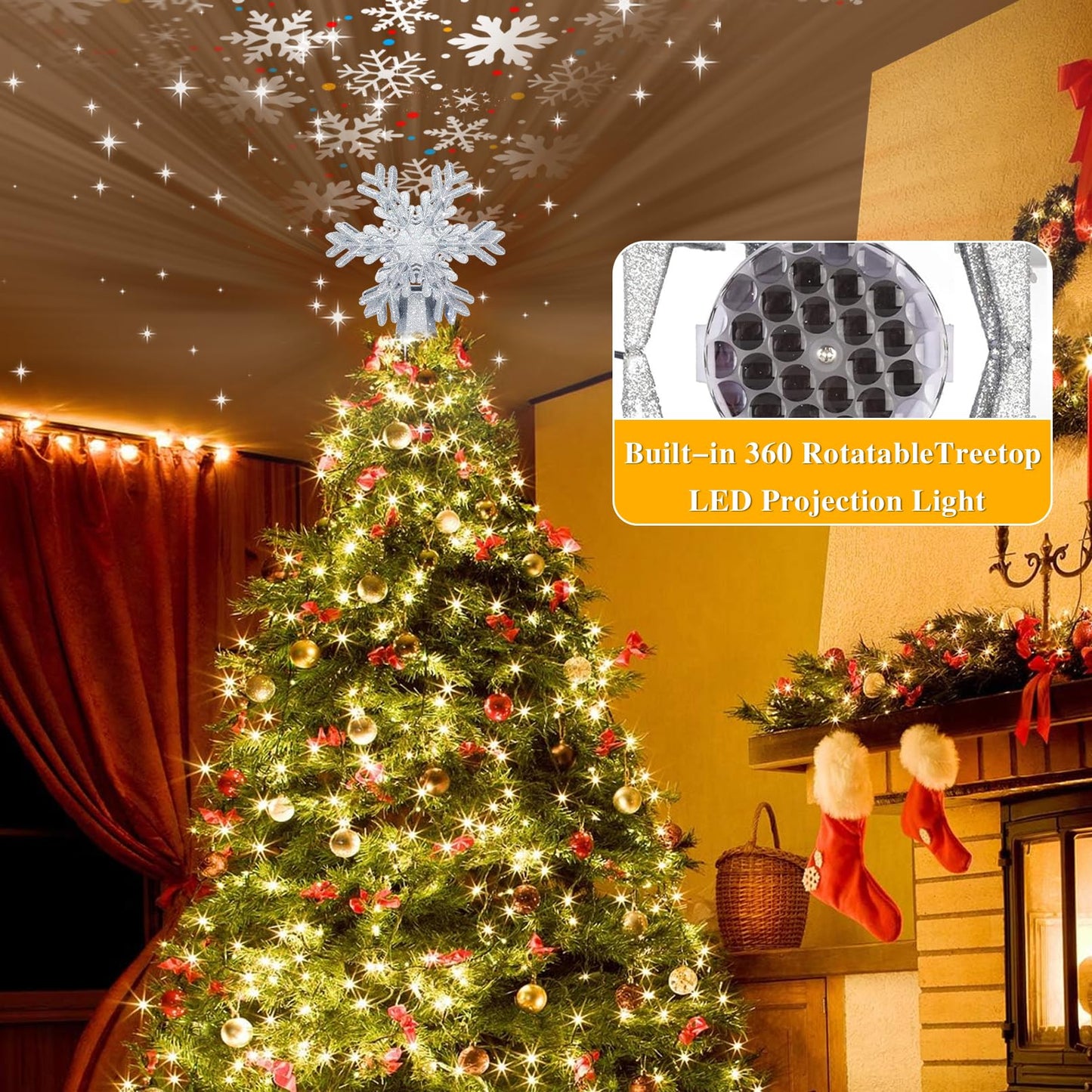 AOMIL Christmas Tree Topper, 3D Rotating Silver Snowflake Pattern Projector for Xmas Tree Topper, Hollow Design Christmas Decorations, Christmas Decor