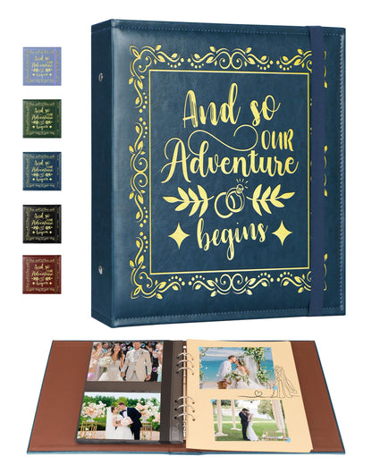4x6 Wedding Photo Album Holds 100 Photos & 20 Acid-Free Writing Sheets, Leather Scrapbook And So Our Adventure Begins, Romantic Memory Book for Couples, Bride & Groom Wedding Gift (Blue)