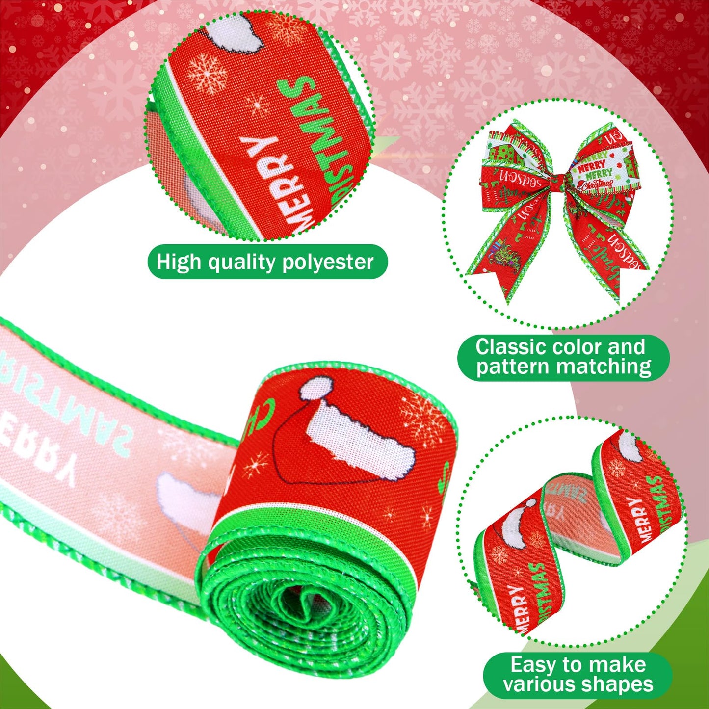 Chunful 12 Rolls Green Christmas Wired Edge Ribbon 2 Inch 60 Yards Red and Green Strip Dot Burlap Ribbon Crafts Fabric Decorative for Gift Wrapping Hair Bow Sewing Wreath Supplies
