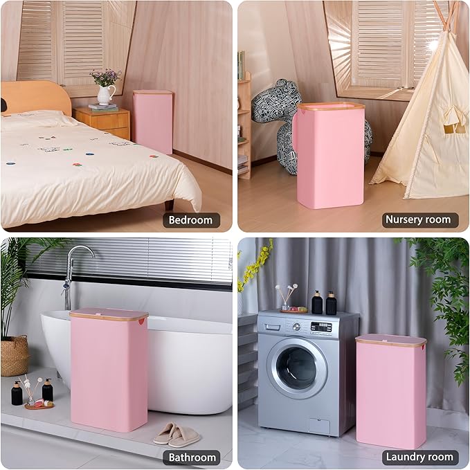 100L Laundry Hamper with Lid, Lagre Basket with Bamboo Handles, Foldable