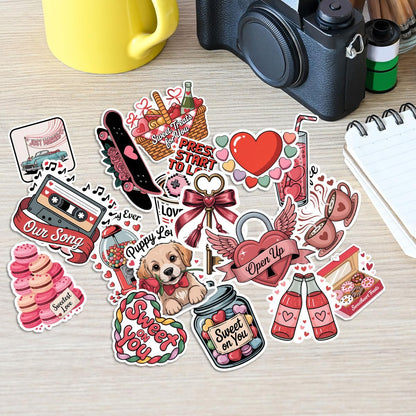 60Pcs Valentine's Day Sticker Pack – Cute Love-Themed Stickers with Hearts, Roses, Bears, Candy, Music, and Sweet Quotes – Perfect for Scrapbooking, Journaling, Gifts, and Valentine's Decorations