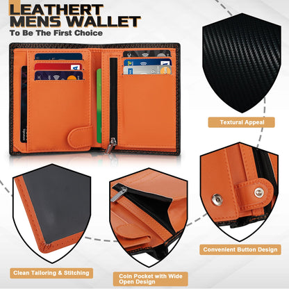 TEEHON® Wallets RFID Blocking Carbon Fibre Leather Mens Wallets with Zip Coin Pocket, 11 Card Holders, 2 ID Windows, 2 Banknote Compartments, Trifold Vertical, Black Orange
