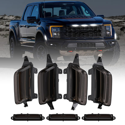 Led Flare Side Marker Lights Sets for 2021-2025 F150 Raptor R, 2X Front Rear Fender Lights & 3X Front Grille Clearance Lights White Smoked Lens Full Dually Fender Lamps Kit for Raptor R SuperCrew