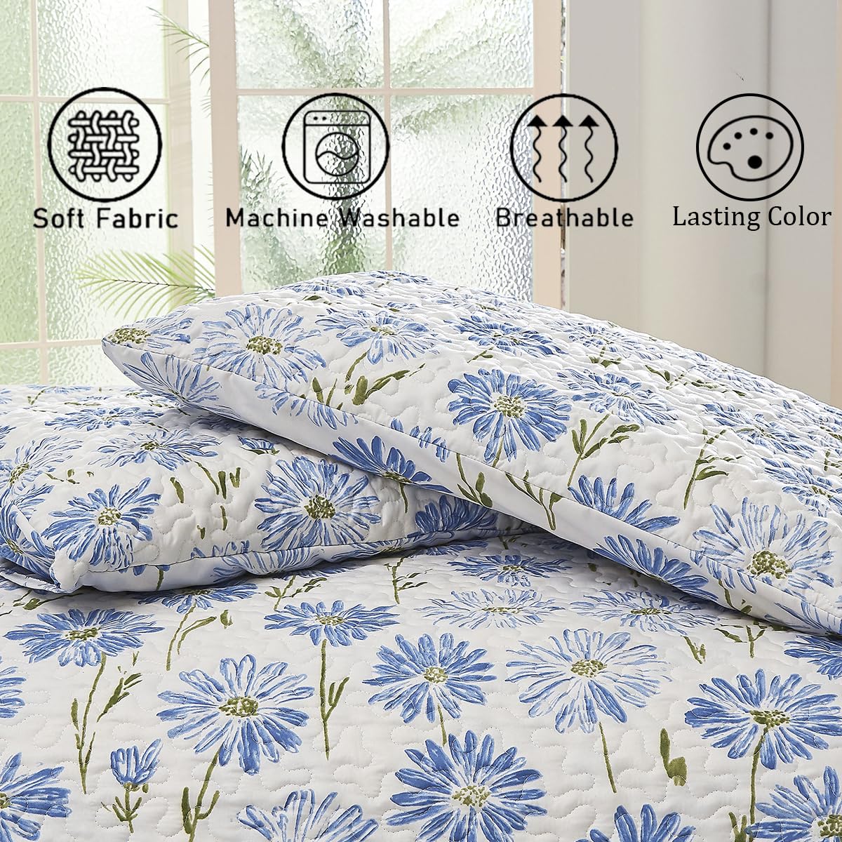 SANOCAY Blue Daisy Floral Quilt Set Queen Size, 3 Piece Lightweight Summer Bedding Set with 2 Pillow Shams, Soft Reversible Microfiber Bedspread, Farmhouse Coverlet for All Season (Blue Daisy, Queen)