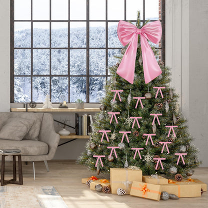 17x23 Inch Large Pink Bow for Christmas Tree Topper Christmas Tree Decoration Set: 24 Small Velvet Bows, 1 Pcs Big Tree Topper Bow, 3000 Strands of Tinsel Icicles for Holiday Decor (Pink)
