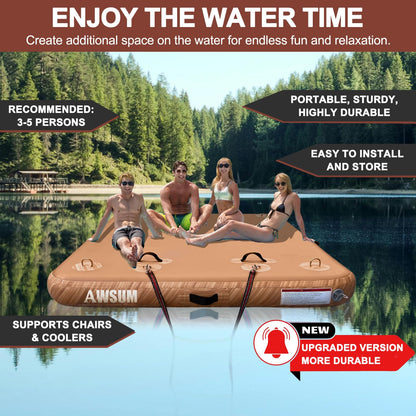 AWSUM Inflatable Floating Dock 8ft x 6ft Air Water Mat Inflatable Island Swim Platform with Non-Slip Wood Surface for Pool Beach Ocean Lake