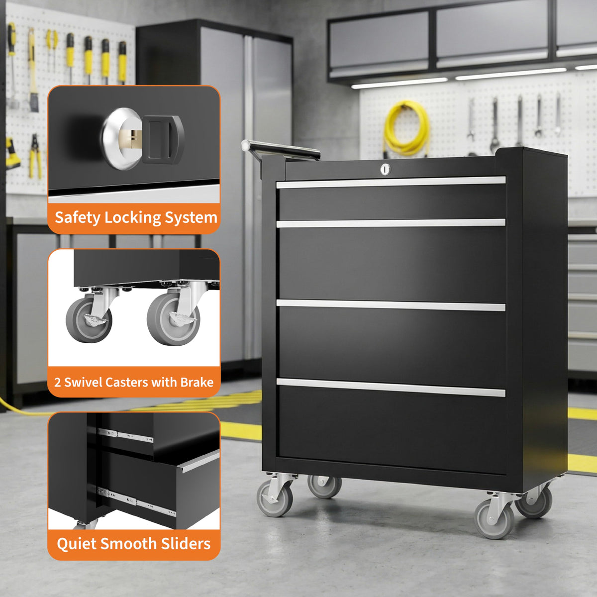 Garvee Rolling Tool Chest, 4 Drawers Tool Storage Cabinet, Toolbox with Wheels, Portable Tool Cabinet Organizer with Locking System & Drawer Liners, Tool Storage Cart for Garage, Workshop, Black