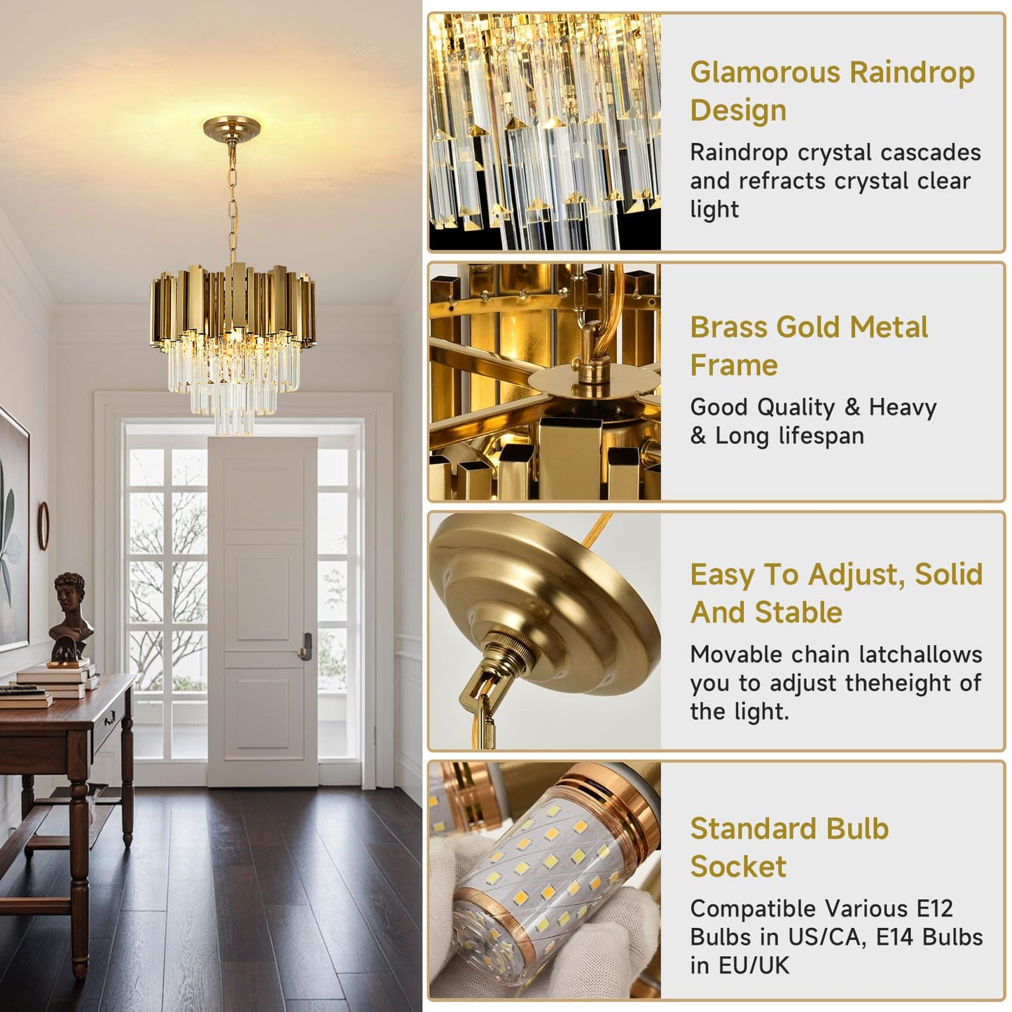 AOOCHOK Modern Crystal Chandelier Gold Pendant Light Fixtures, Small Crystal Pendant Lighting for Entryway, Corridor, Balcony, Porch, Restaurant, Door Opening, E26 x 3, Φ16inch