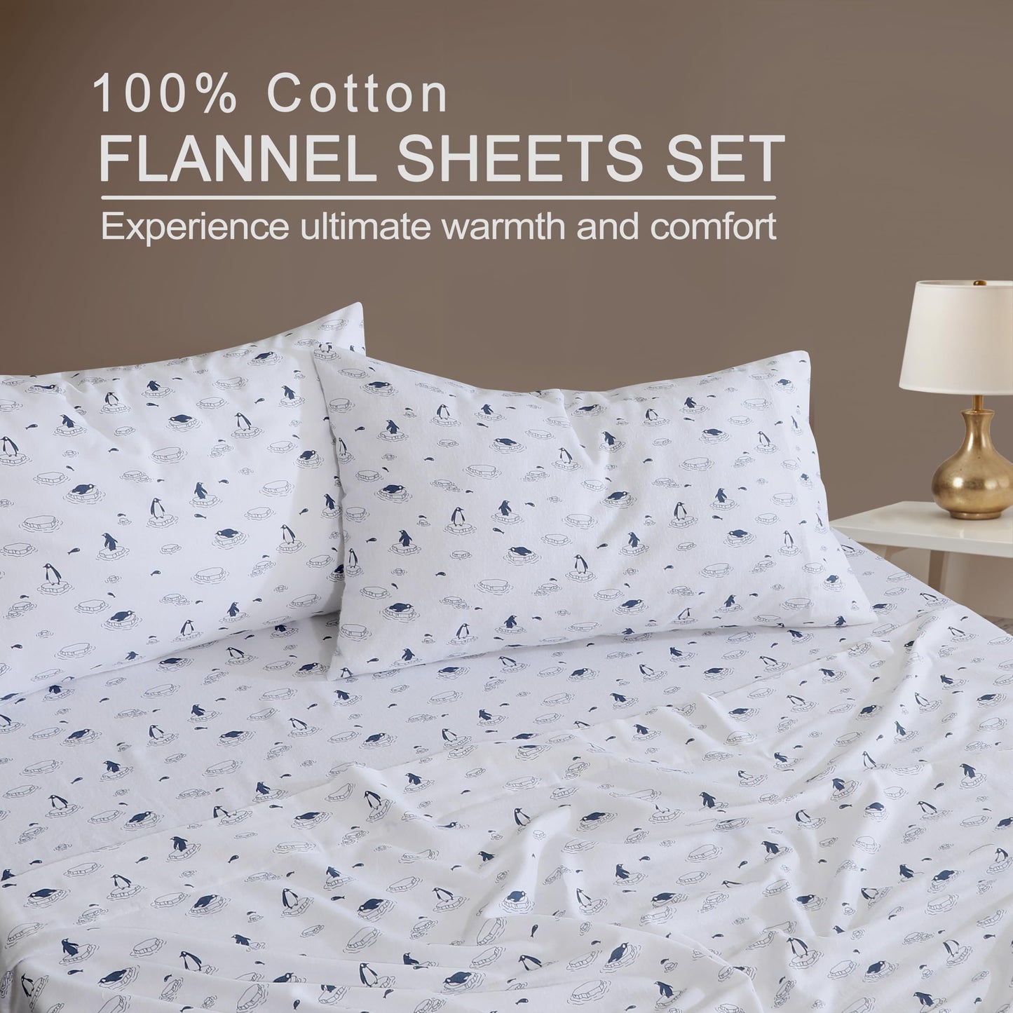 ZOYER Flannel Sheets Queen Size - 100% Cotton Double Brushed Bed Sheets, Deep Pockets 16 Inches Queen Sheet Set, All Seasons Breathable & Extra Soft - Warm & Cozy, 4 Piece, Penguin Edge