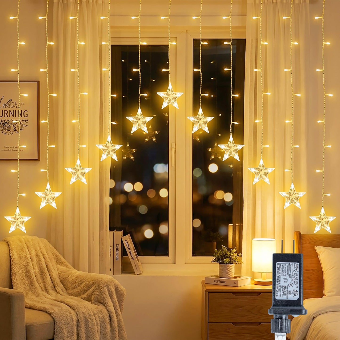 YOUNGAR Stars Icicle Lights,Younger Stars Curtain Lights,11.5ft 118LED Hanging Lights for Home Bedroom Ceiling, Warm White Lights Decor for Wall Indoor, Outdoor, Party, Garden Christmas