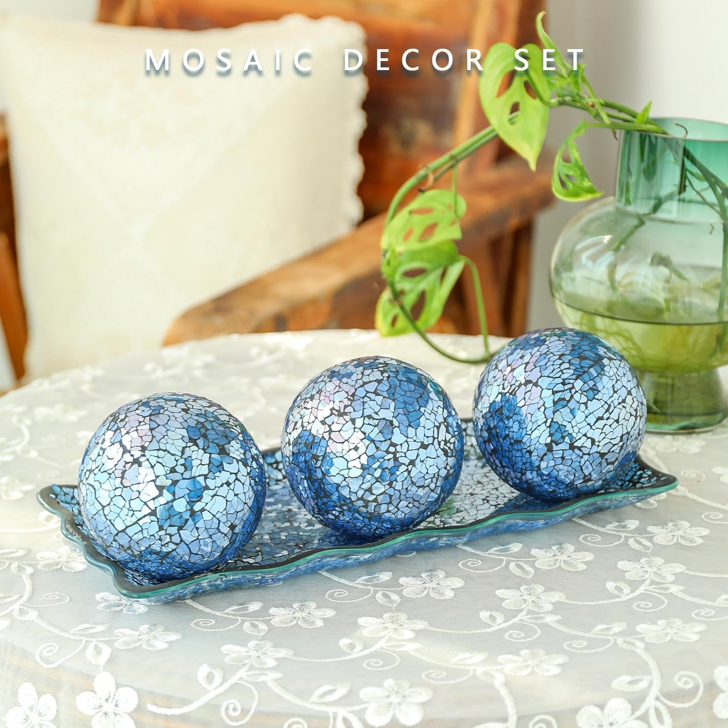 VCUTEKA Decorative Balls and Glass Bowl, 4 Inch Mosaic Sphere Balls Centerpiece Balls for Coffee Table, Home Decor, Wedding Party Decor, Blue