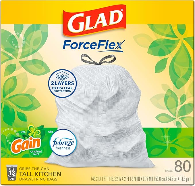 Glad ForceFlex Tall Kitchen Drawstring Trash Bags, 13 Gal, Gain Original