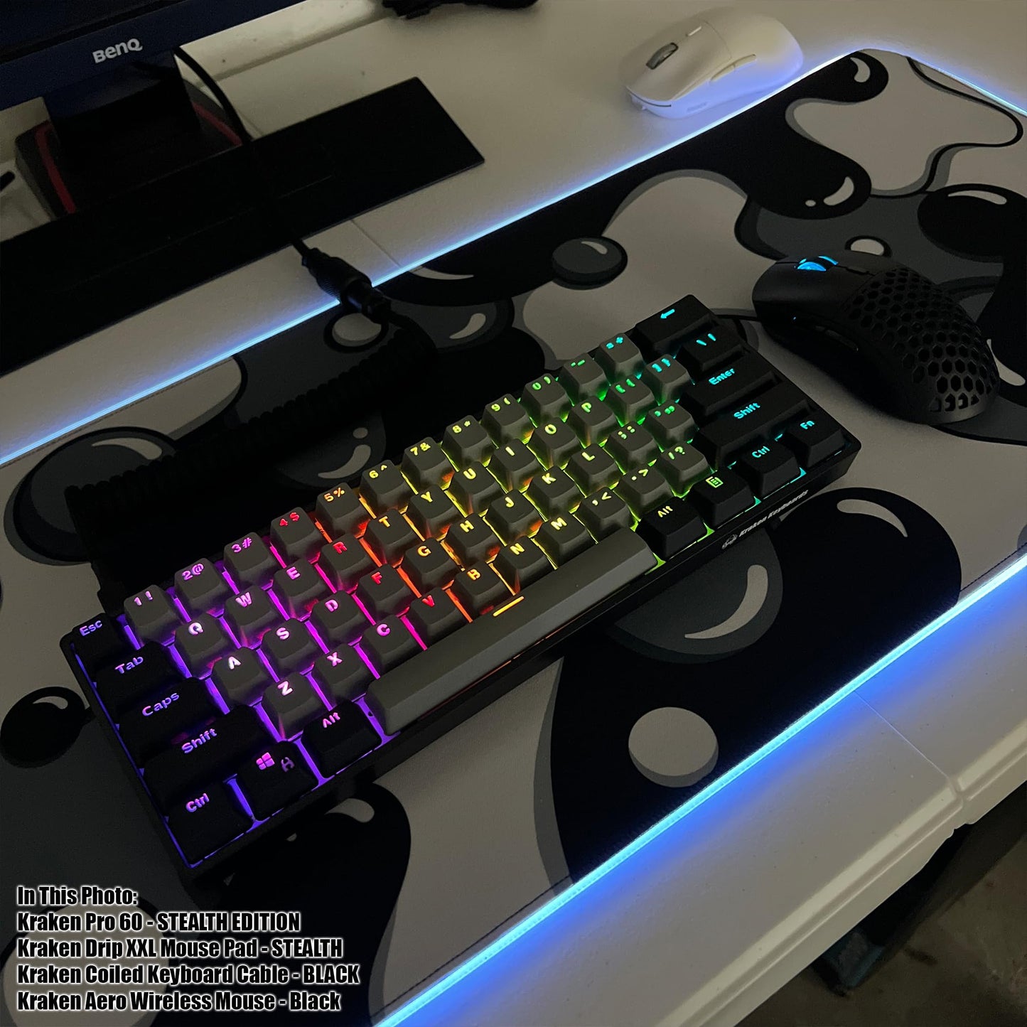KRAKEN KEYBOARDS DRIP XL Black & White Gaming RGB Mouse Pad - Professional Artisan Mouse Pad - Black & White Gaming RGB Desk Mat - 31" x 12" Thick Extended XXL Gaming Mouse Pad (Stealth)