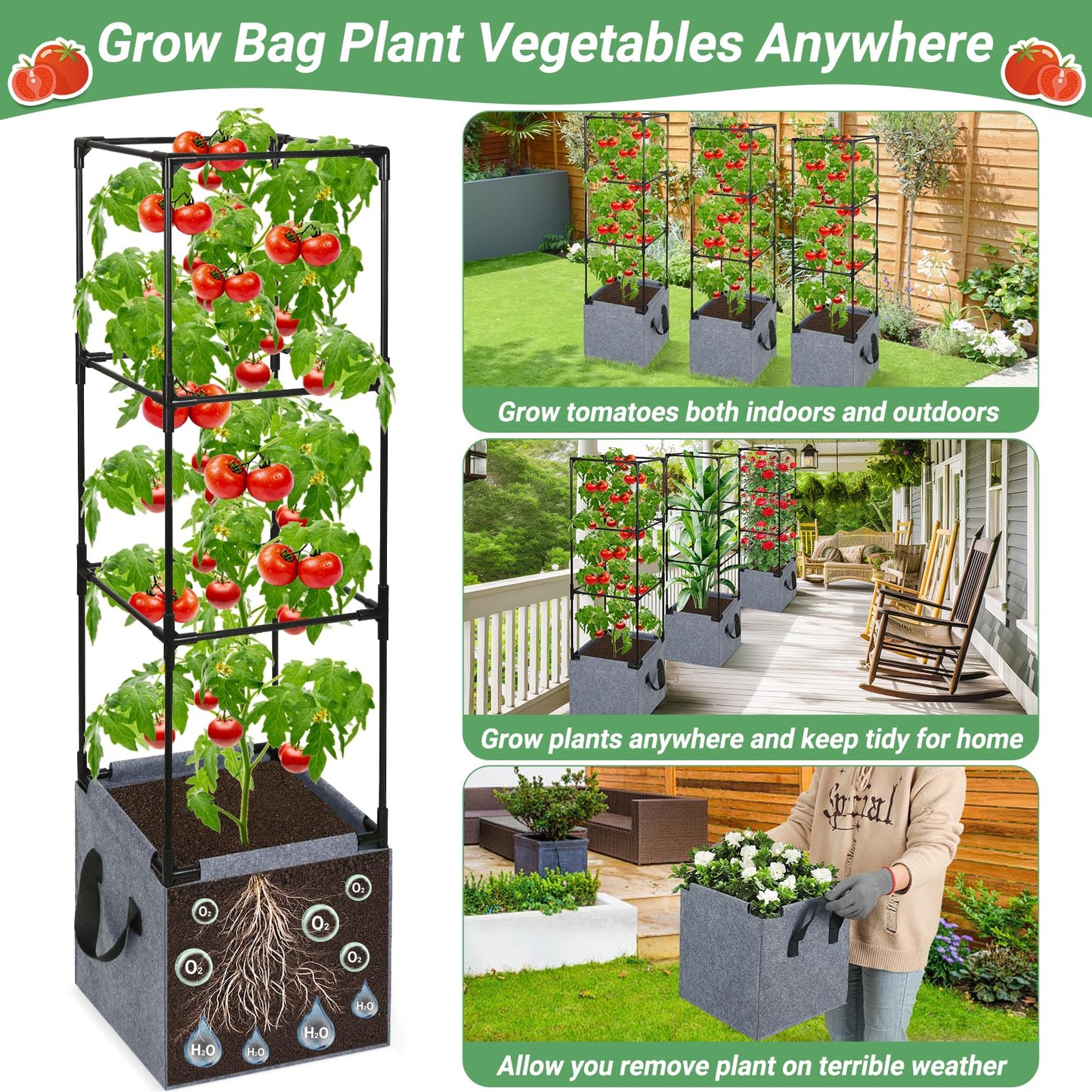 Qinzave 3 Pack Square Tomato Cages with Grow Bags, 42.5 Inch Stable Square Tomato Planter Support Stakes Kit for Garden, Tomato Cages Trellis Pots for Spring Climbing Vegetables Fruits Vines Flowers