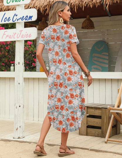 Zeagoo Womens Maxi Summer Dress with Pockets Casual Short Sleeve Sundress Trendy 2025 Curve Hem Long Dresss