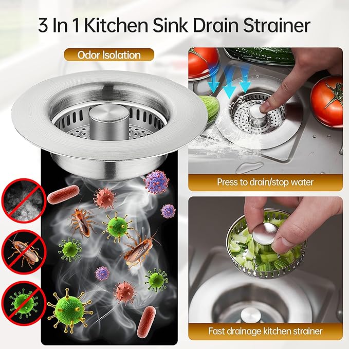 YYKBZ 3 in 1 Kitchen Sink Drain Strainer, Stainless Steel Sink Stopper