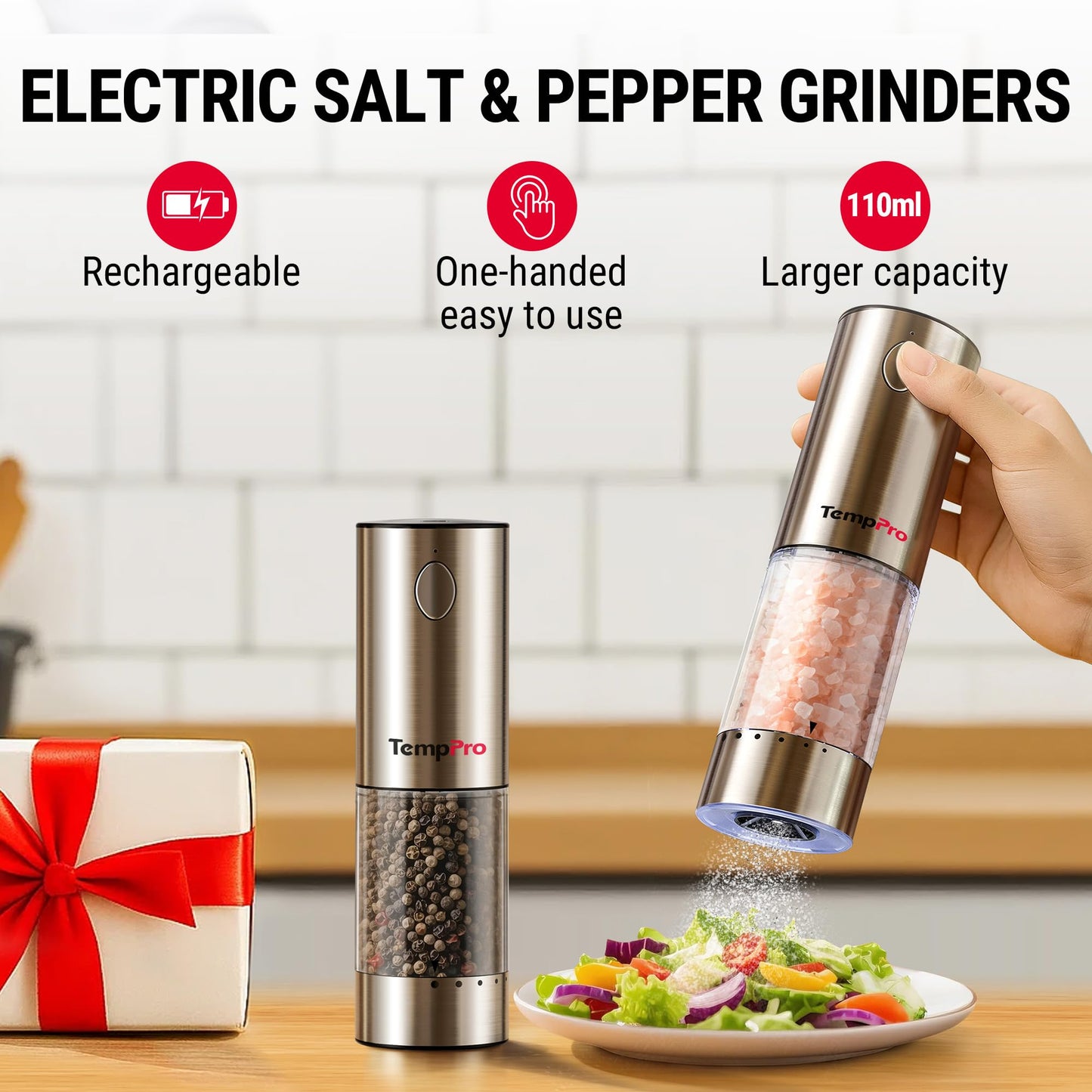 TempPro 100ml Electric Salt and Pepper Grinder Set Rechargeable, Automatic Pepper Grinder Shakers with External Adjust, Refillable Pepper Mill, Gift for Him Dad Father(Previously ThermoPro)
