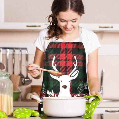 Geyoga 2 Pieces Christmas Aprons for Women Buffalo Plaid Check Adjustable Fabric Red Retro Gingham Elk Apron for Kitchen Cooking Christmas Party Gift