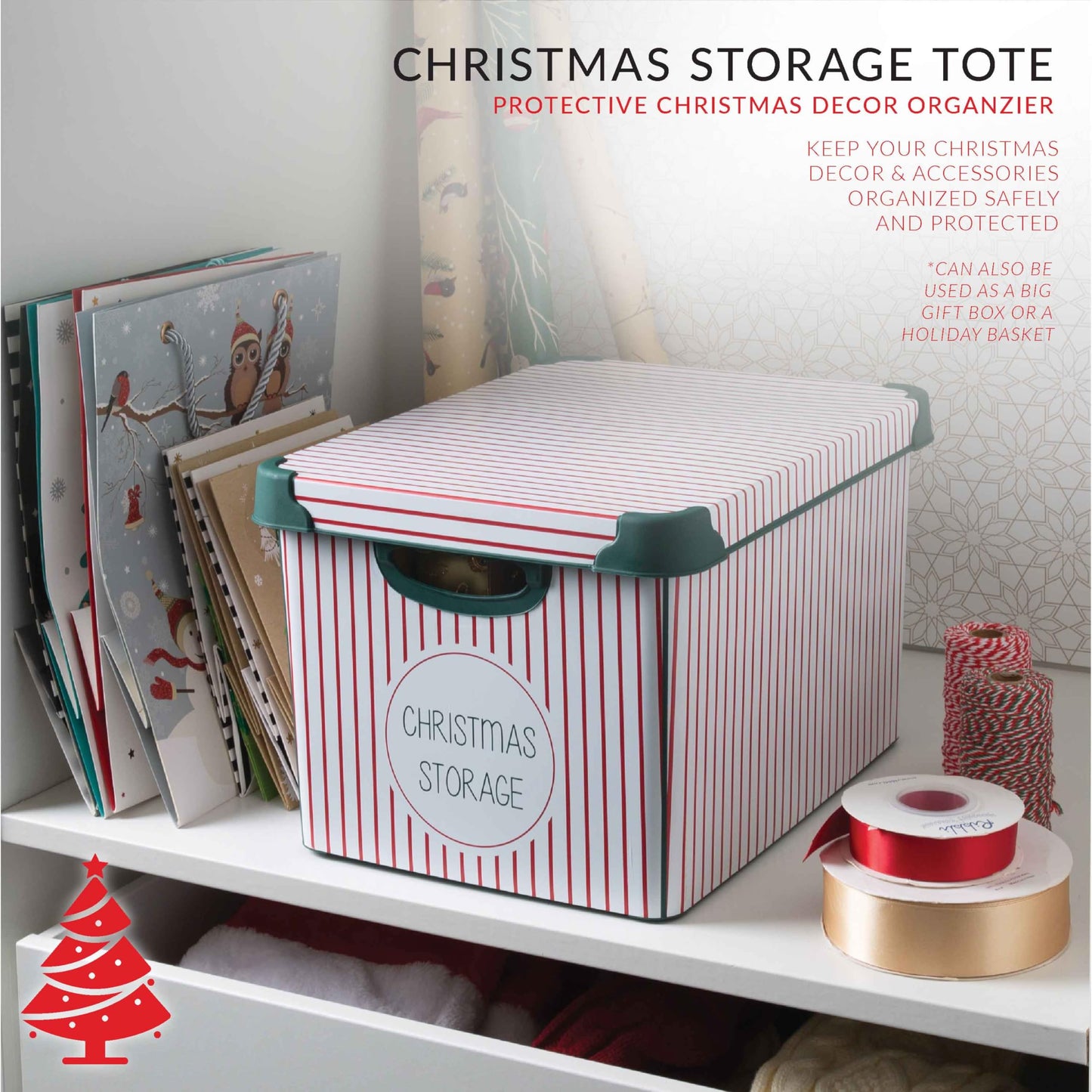 Simplify Christmas Stripe Design Holiday Tote Bin Ornament Storage | Holds 60 Ornaments | Removeable Lid | Easy Carry Handles | Christmas Storage | Green