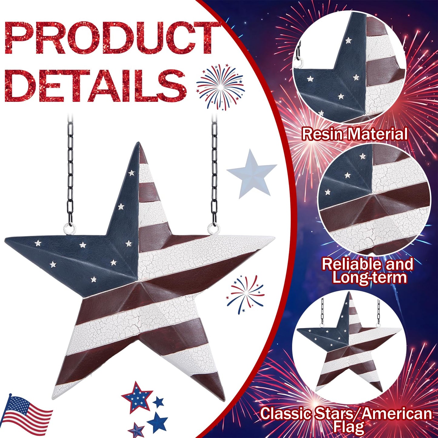 Bucherry 14 Inch Americana Star Arrow Replacement Sign Patriotic Porch Decoration 4th of July Outdoor Yard Decor Resin White Blue Red Hanging Sign for 4th of July Independence Day 250th Anniversary