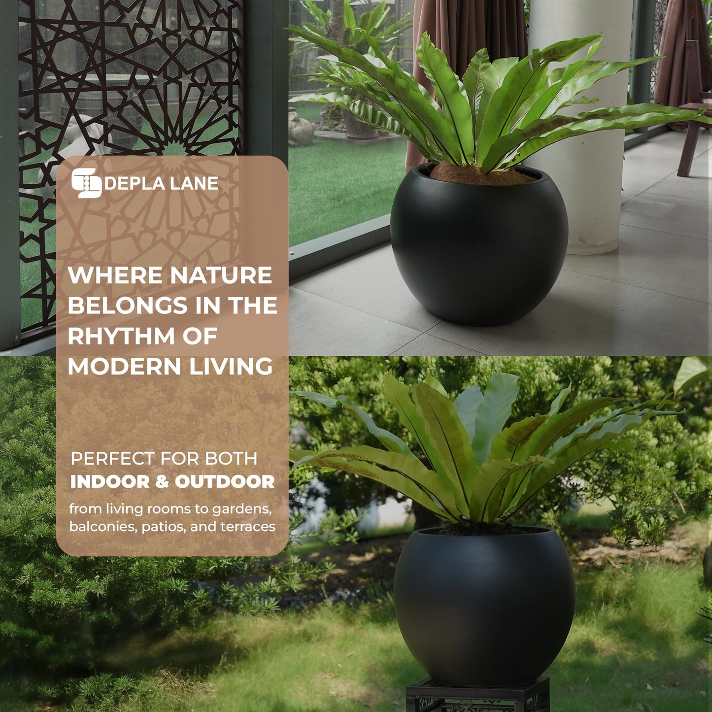 DEPLA LANE Marlo Fiberstone Round Planter, Lightweight, Durable (11.6" Pot Opening x 16.9"D x 13.4"H) Smooth Finishes, UV Resistant, Modern Minimalist Home Decor, Indoor Outdoor Plant Pot (M, Black)
