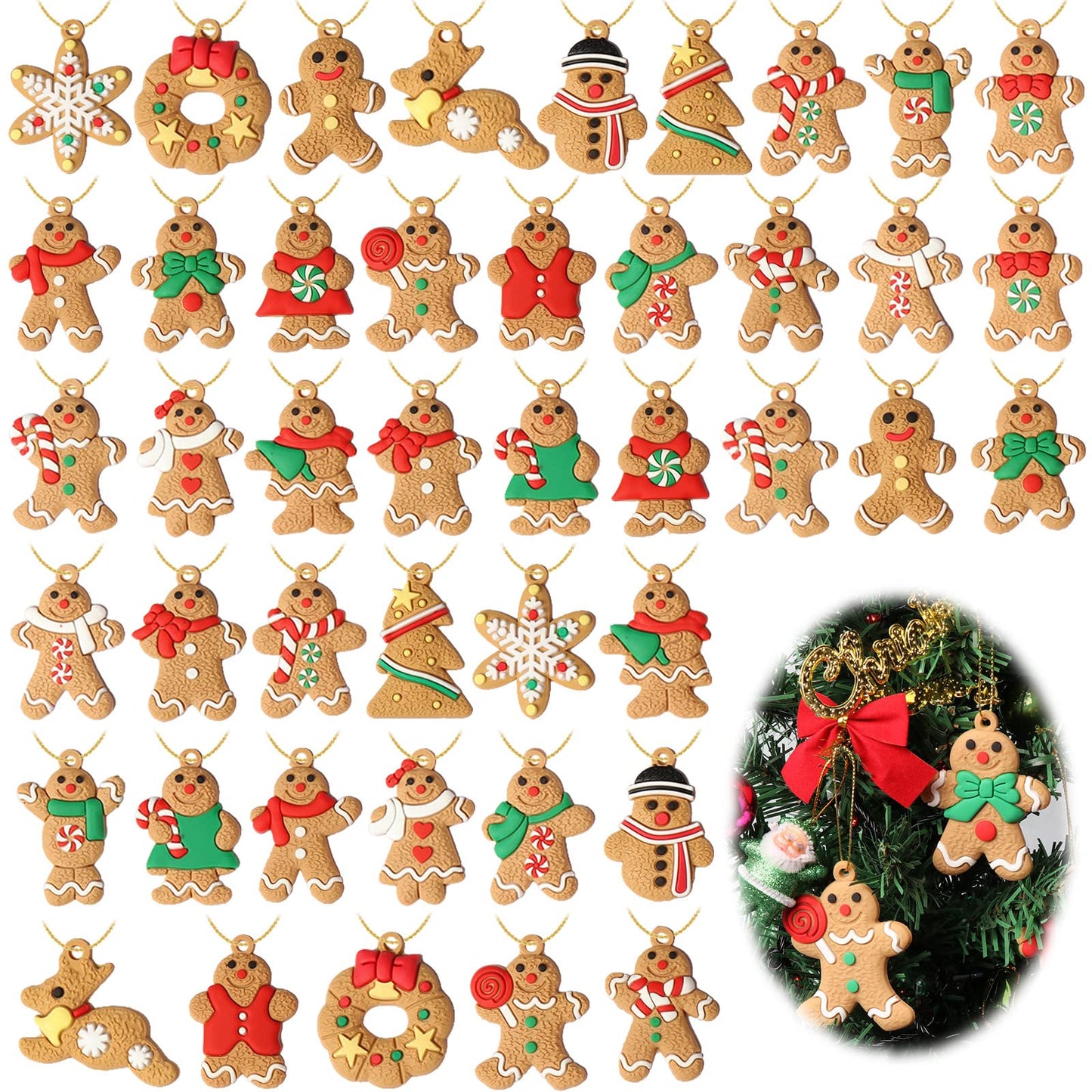 44 Pcs Mini Christmas Gingerbread Ornaments Tiny Gingerbread Man Ornaments Hanging Charms Figurine Decoration Ginger Man with Strings for Mini Christmas Tree Decorations