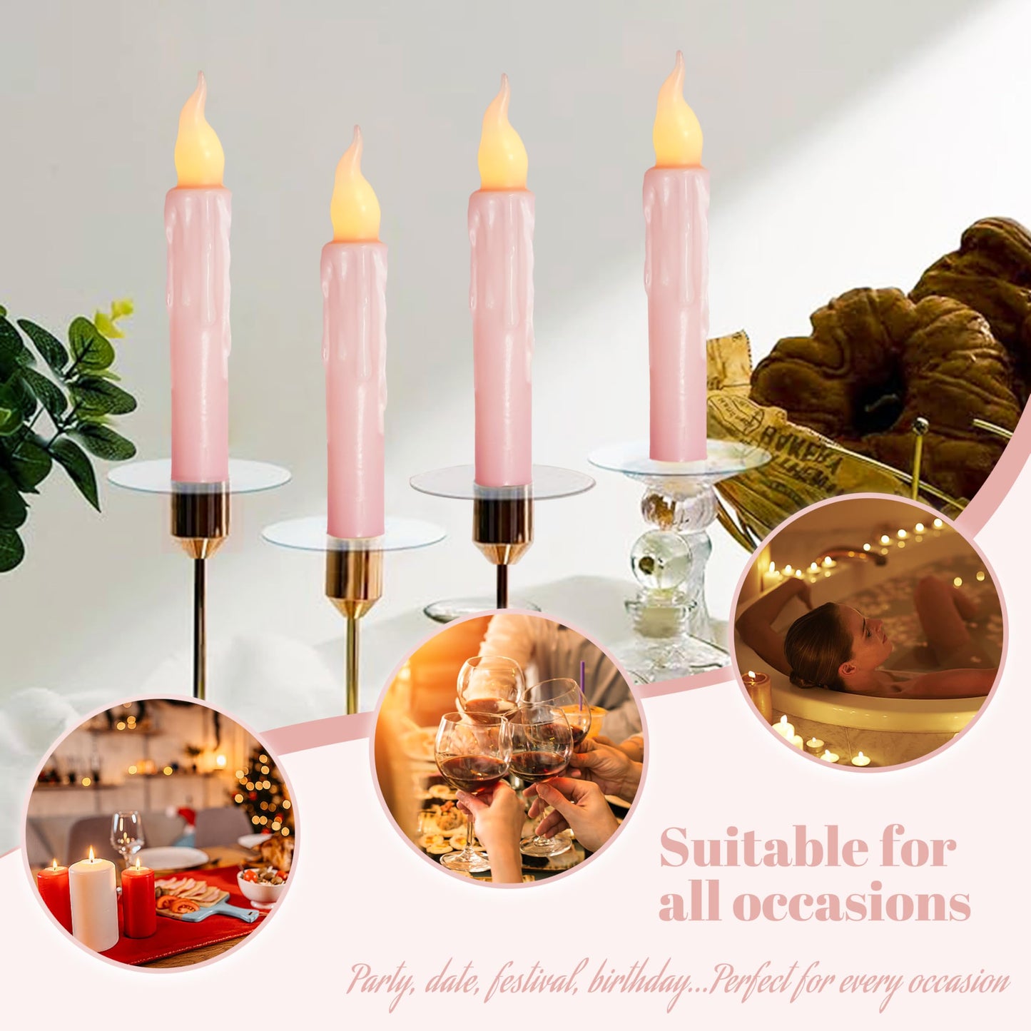 FCMSHAMD Pink Flameless Short Taper Candles, Real Wax Hand Dipped LED Battery Operated with Remote, Flickering Flame Lights for Festival Party Home Décor, 6.7 Inch Primitive Flameless Candles, 4PCS