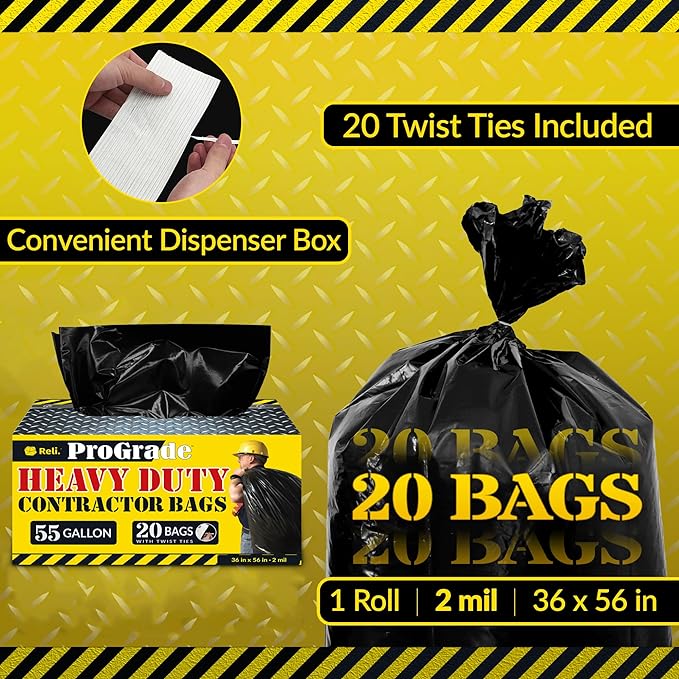 Reli. Contractor Garbage Bags 55 Gallon | 20 Trash Bags | Heavy Duty | Black
