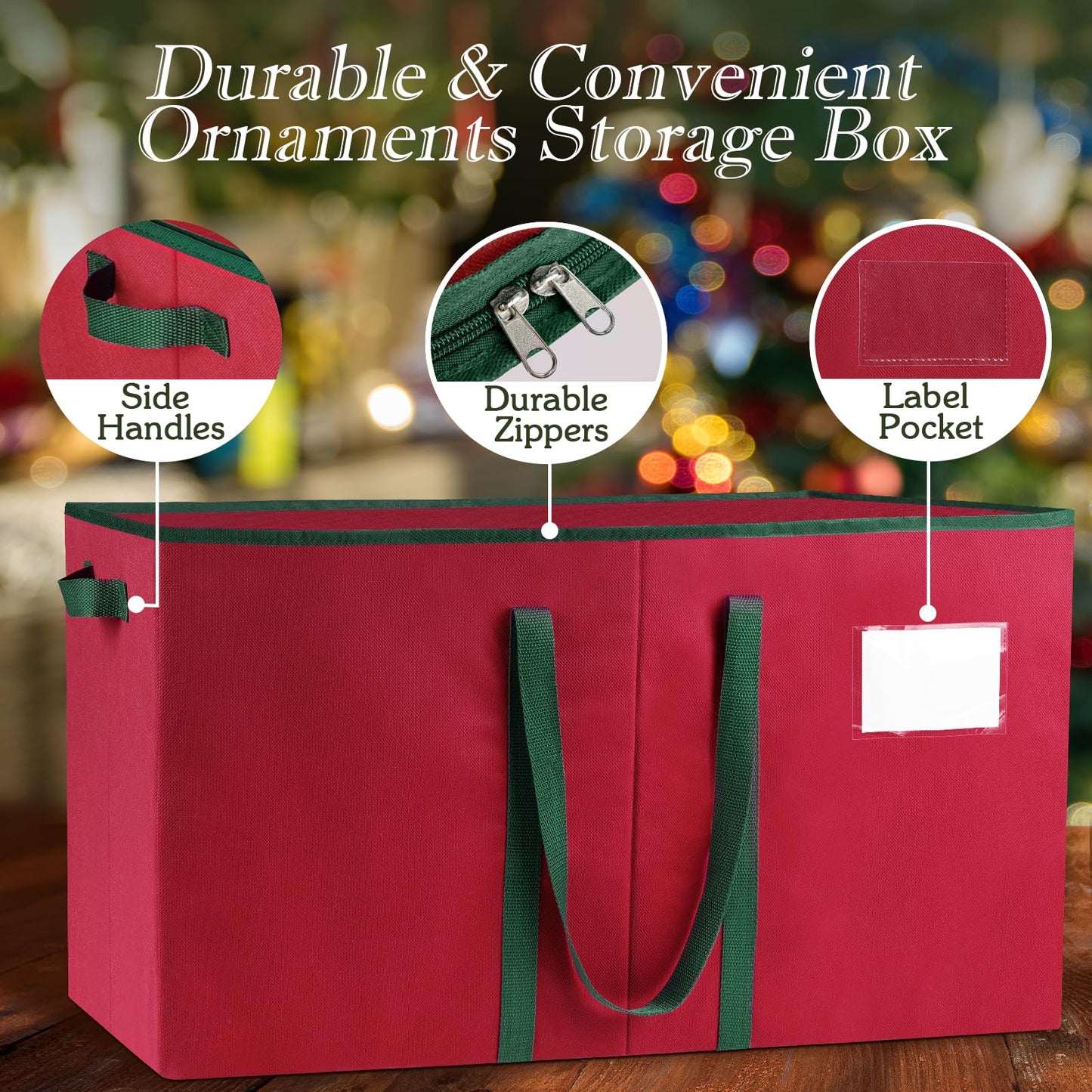 RoomHacks Christmas Ornament Storage Box, Store Up to 128 Ornaments, Durable Christmas Storage Container, Dual Zipper & Adjustable, Large Organizer Bin to Protect and Store Holiday Ornaments(Red)