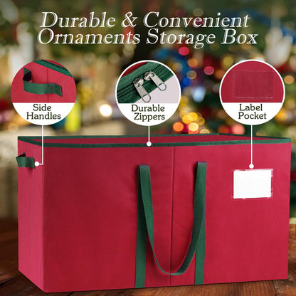 RoomHacks Christmas Ornament Storage Box, Store Up to 128 Ornaments, Durable Christmas Storage Container, Dual Zipper & Adjustable, Large Organizer Bin to Protect and Store Holiday Ornaments(Red)