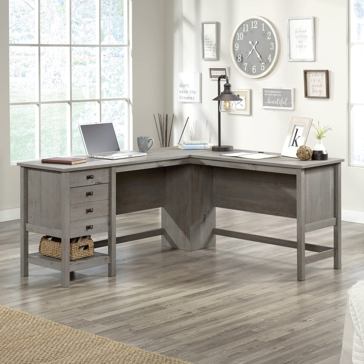 Sauder Cottage Road L Shaped Desk Computer Desk with Drawers, Home Office Desk with Optional File Cabinet Storage, Cable Management, in Mystic Oak Finish