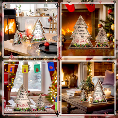 Pinkunn 2 Pcs Christmas Decorations for Home Farmhouse Christmas Tree Decor with Pinecones Rustic Wooden Xmas Centerpiece Natural Decorative Block Tabletop Sign for Xmas Party Holiday Table Home Decor