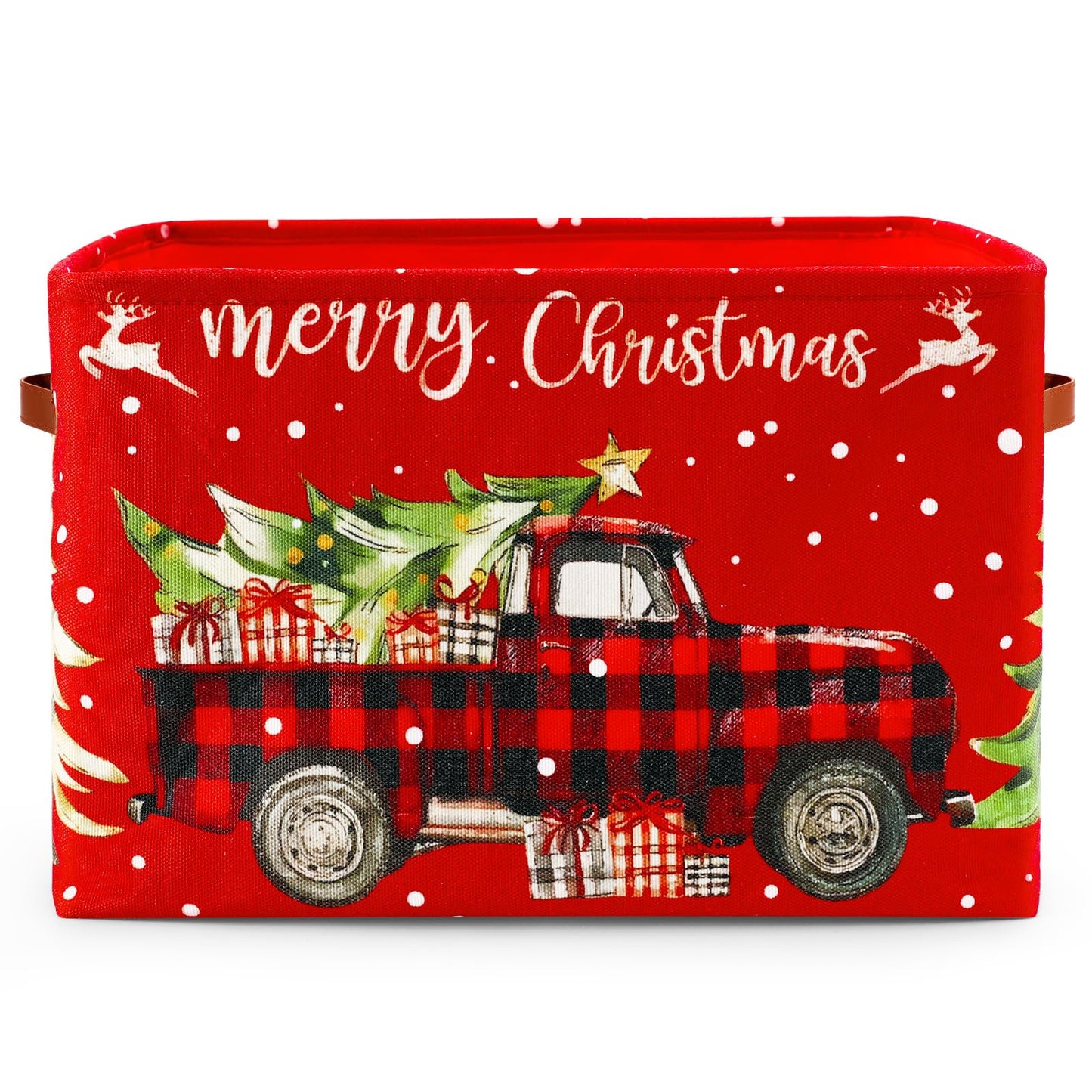 FYSUIMU Christmas Storage Basket with Handles Plaid Truck Xmas Tree Cube Storage Bin Foldable Fabric Container Organizer Box for Home Office Dorm Closet Shelf Toy