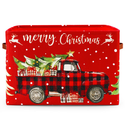 FYSUIMU Christmas Storage Basket with Handles Plaid Truck Xmas Tree Cube Storage Bin Foldable Fabric Container Organizer Box for Home Office Dorm Closet Shelf Toy
