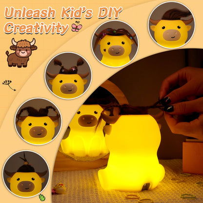 Okayera Highland Cow Night Light, Fluffy Cow Squishy Lamp for Kids, Soft Silicone Animal Nightlamp with 2 Levels Dimmable & 20 Mins Timer, Rechargeable LED Light Gifts for Baby Boys Girls