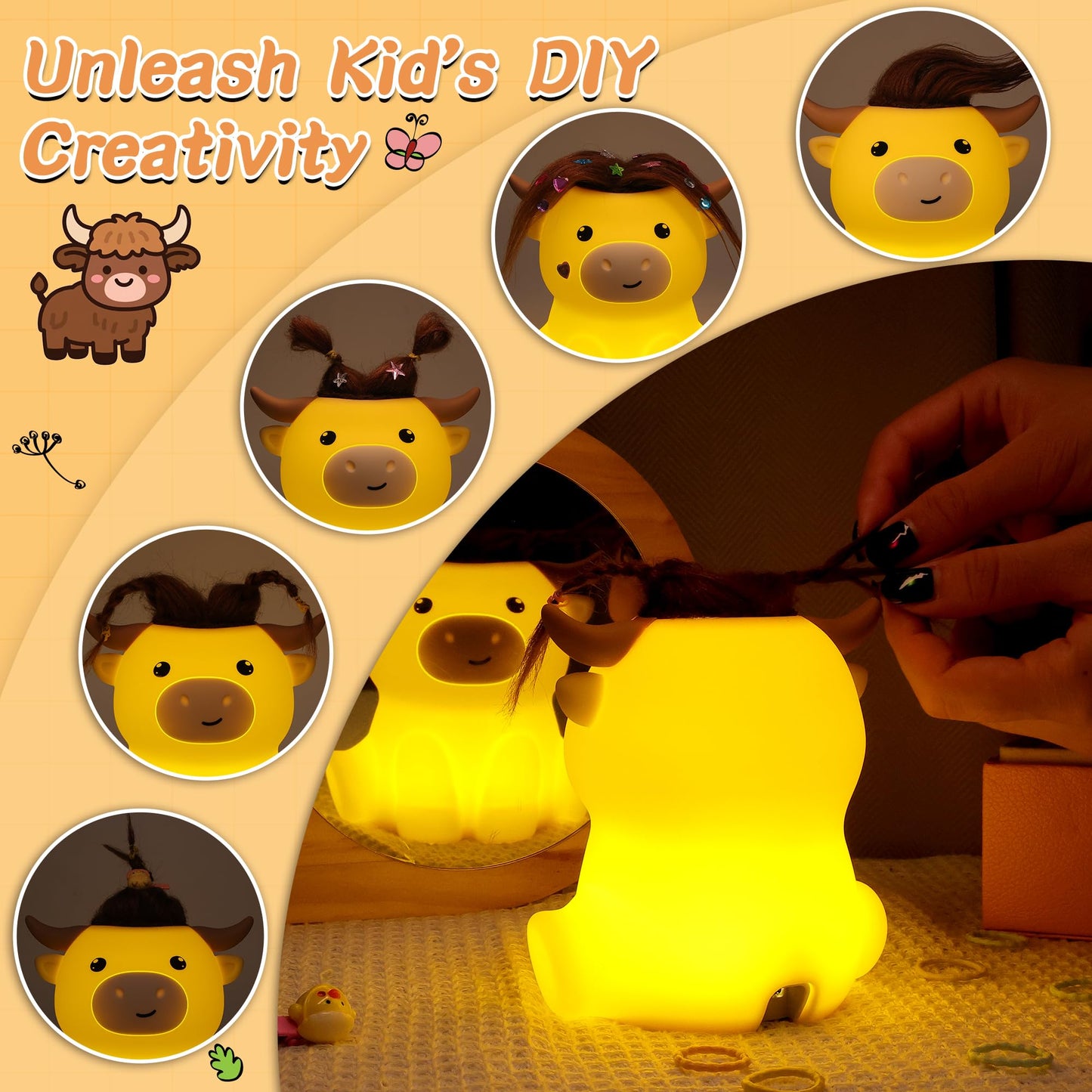 Okayera Highland Cow Night Light, Fluffy Cow Squishy Lamp for Kids, Soft Silicone Animal Nightlamp with 2 Levels Dimmable & 20 Mins Timer, Rechargeable LED Light Gifts for Baby Boys Girls