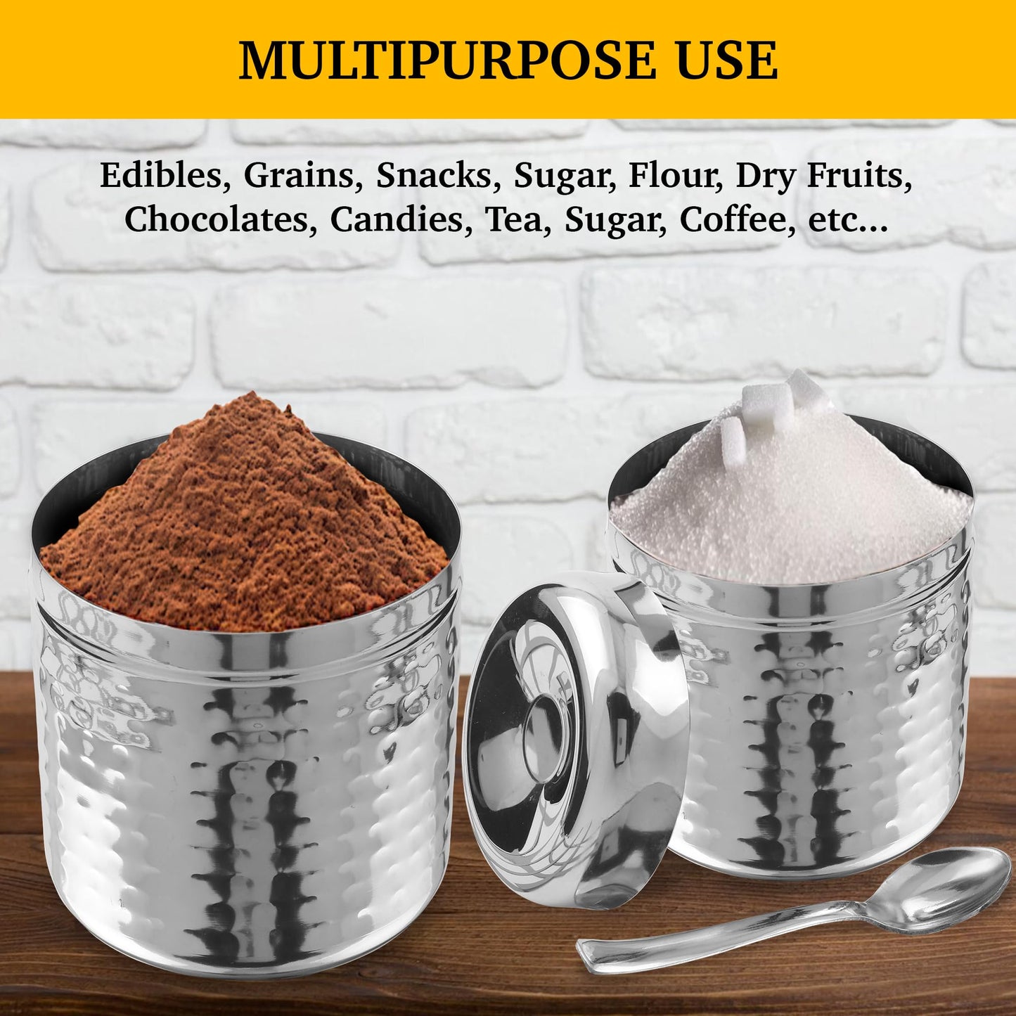 CRAFTONE Stainless Steel Hammered Containers Set of 3 with Spoon, Ideal for Tea, Coffee, Sugar, Masala Storage Sugar Container with Lid for Salt, Coffee, Dishwasher Safe (10 Oz, 15 Oz, 20 Oz)