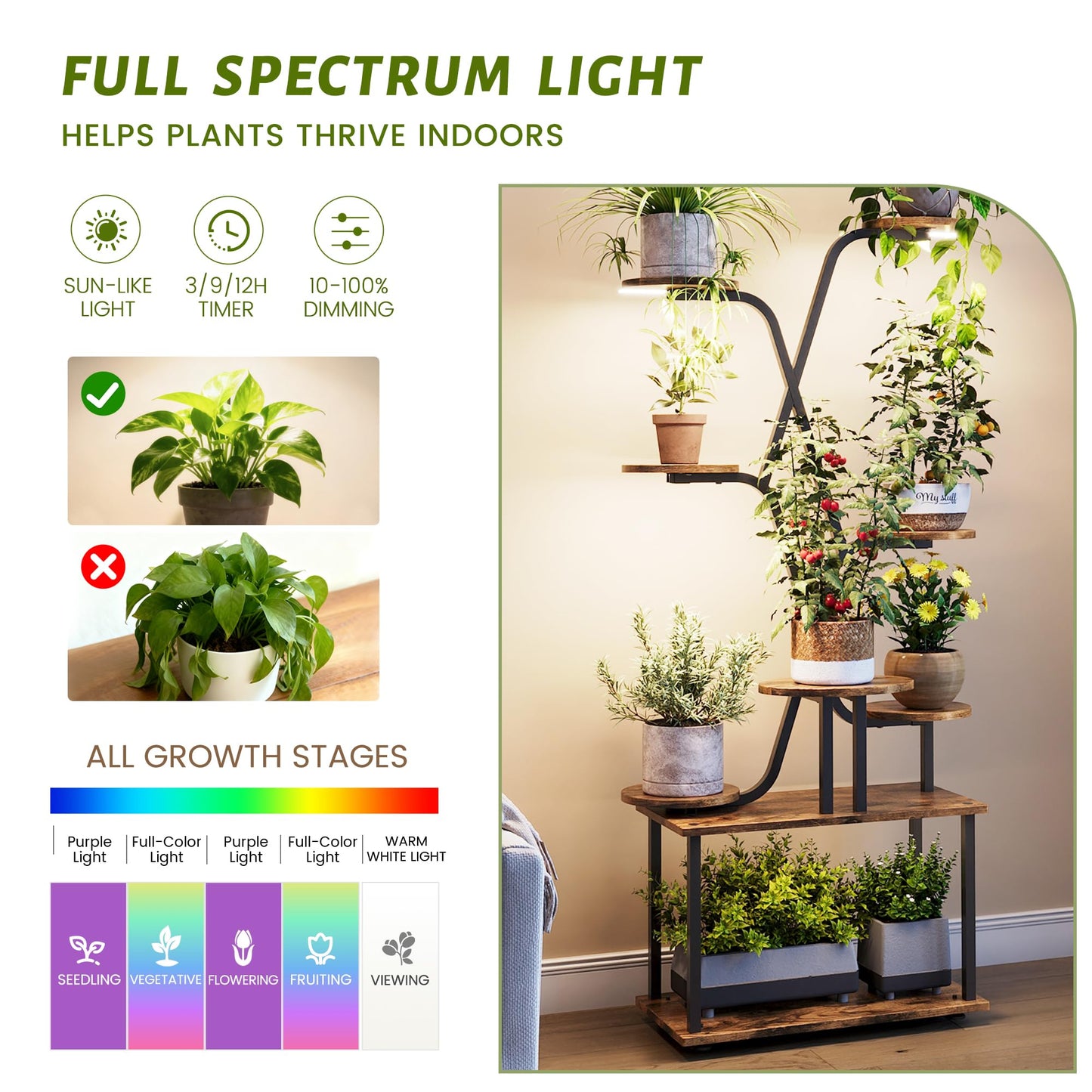 DIOOSN Tall Plant Stand, 9-Tier Tiered Indoor Plant Stand Multiple Shelves, Stable Plant Stand Indoor with Grow Lights for Home, Office, Balcony & Patio