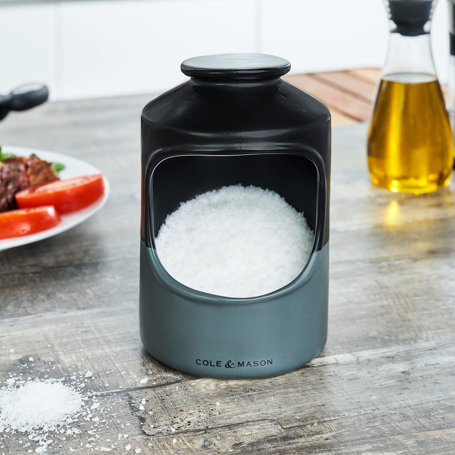 Cole & Mason H822136 Strethall Black/Grey Salt Pig | Kitchen Organisation, Seasoning Storage Pot/Salt Cellar | Ceramic | (H)172mm x (D)110mm | Salt Not Included | 2 Year Guarantee