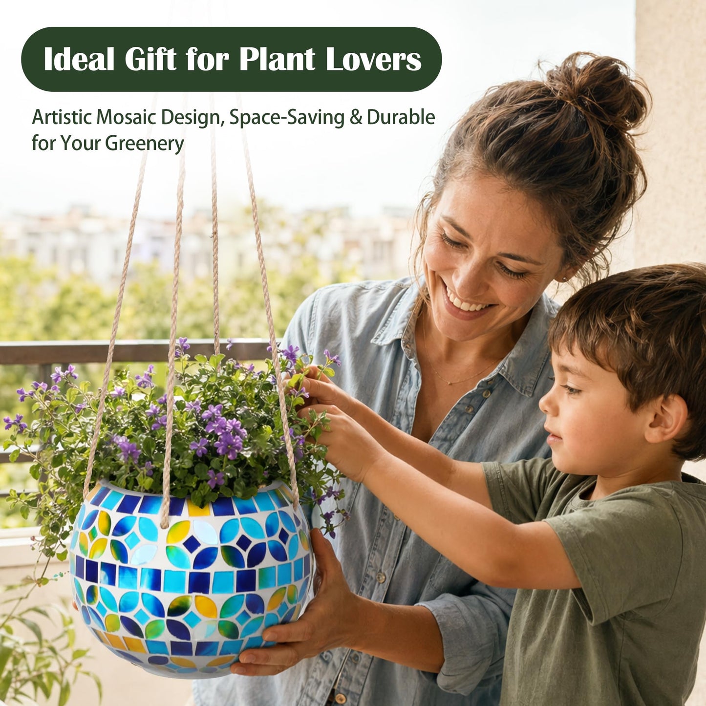 Chonsun Ceramic Hanging Planter Mosaic Hanging Flower Pot Small Plant Pot for Indoor Plant Garden Decor Disco Ball Planter with Drainage Square Blue