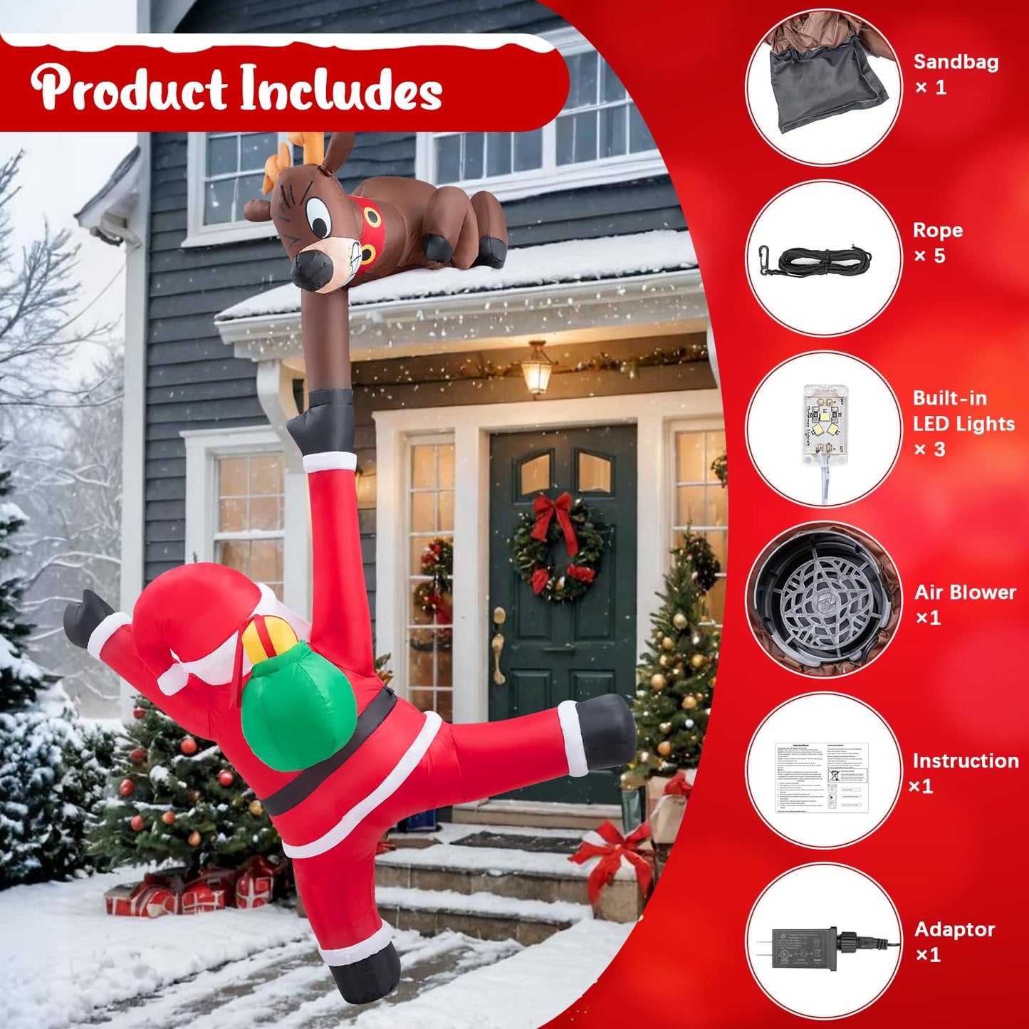 10 FT Hanging Inflatable Outdoor Decoration, Inflatable Elk and Climbing Santa Blow Up Yard Decor with Build-in LEDs, Inflatable Decorations for Outdoor Yard Garden