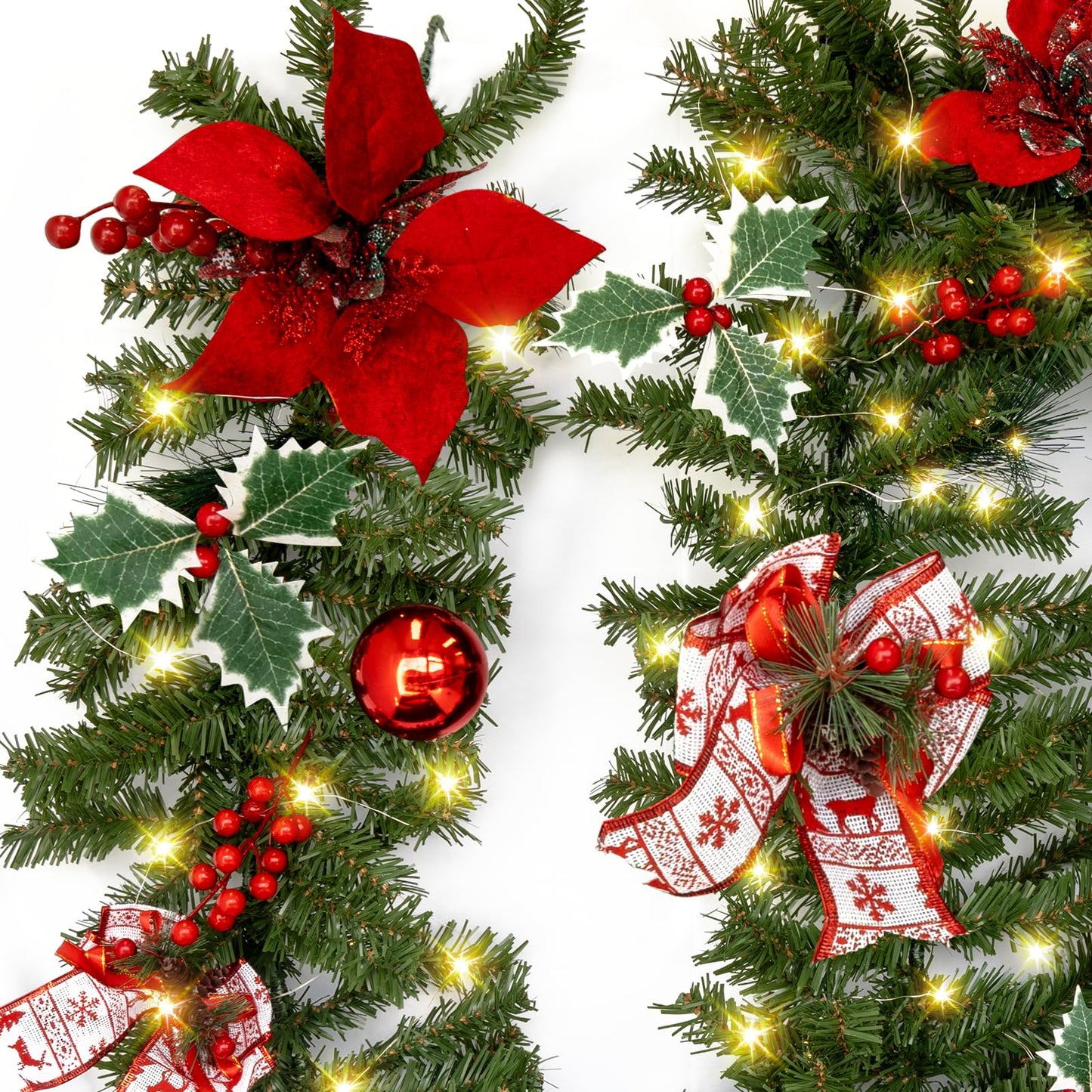 9 FT Christmas Garland with String Light (Individually Packaged), Red Berries, Pinecones, Three-Leafed Berry, Unique Red Flower and Bowknot, Perfect for Decorating Mantel, Staircase, Doorway