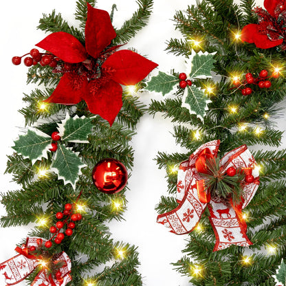 9 FT Christmas Garland with String Light (Individually Packaged), Red Berries, Pinecones, Three-Leafed Berry, Unique Red Flower and Bowknot, Perfect for Decorating Mantel, Staircase, Doorway