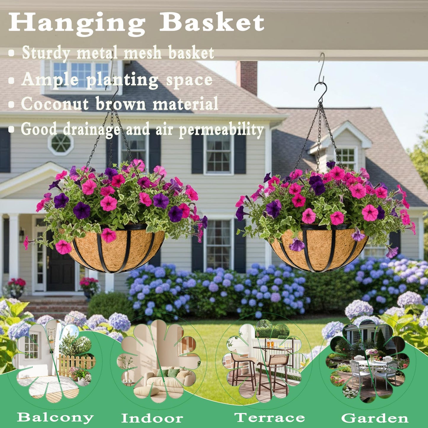 JFFLYIT 4 Pack 14 Inch Hanging Planters for Outdoor Plants Metal Hanging Planter Basket with Coco Coir Liner Round Plant Black Flat Iron Metal Flower Pots for Deck Patio Porch Garden Balcony