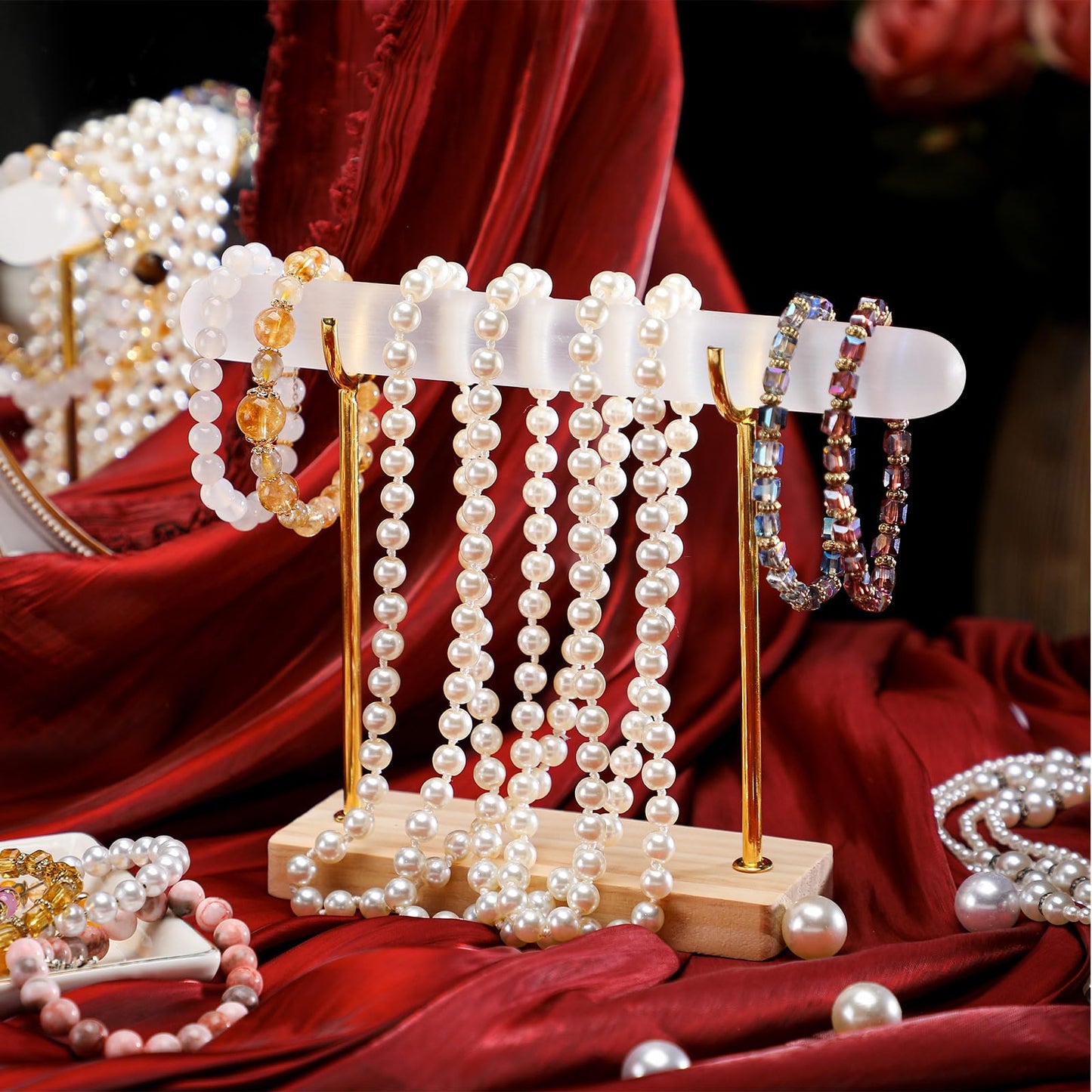 RattanView Selenite Bracelet Holder Display Stand Crystal Healing Goth Bracelet Display Stand Detachable Jewelry Wrap Watch Organizer Holder with Wooden Base for Bangles Charging Clean(1 Tier)