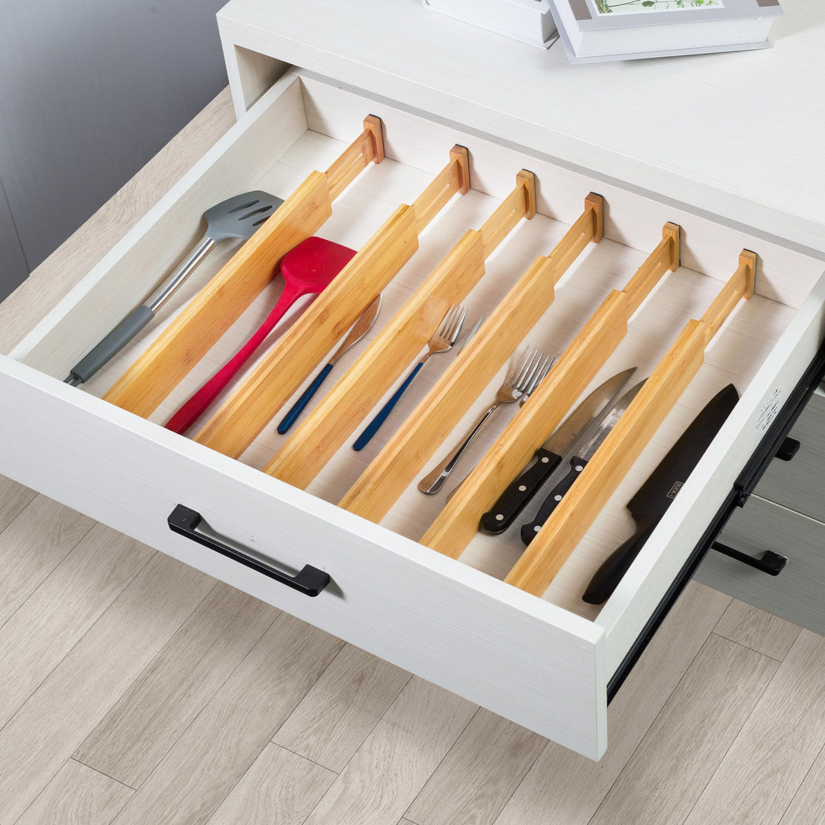 VaeFae Adjustable Bamboo Drawer Dividers, Expandable Drawer Organizer for Kitchen, Bedroom, Bathroom, Dresser and Office, 6-Pack