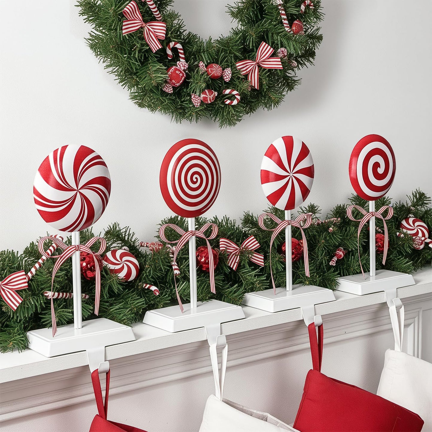 Pawliss Christmas Stocking Holders for Mantle: Red White Peppermint Candy Stocking Holder Stand Set of 4, Metal Stocking Hangers Decorative Hooks for Xmas Home Decor, Fireplace Window Accessories
