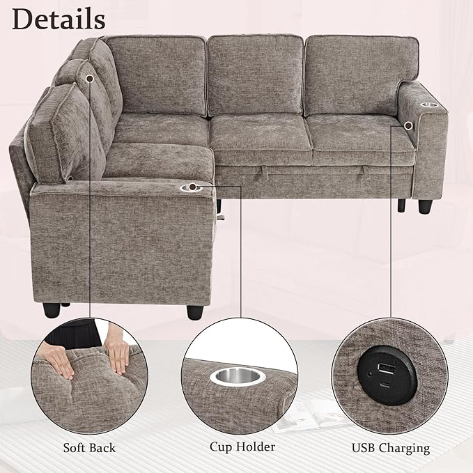 L-Shaped Sectional Couch with Storage and Pull Out Bed, Convertible Sofa Bed